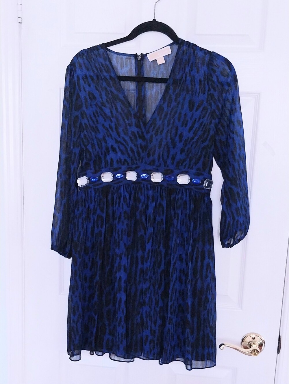 Michael Kors Cobalt Blue Animal-Print V-Neck Long-Sleeve Dress with Jewel Waist